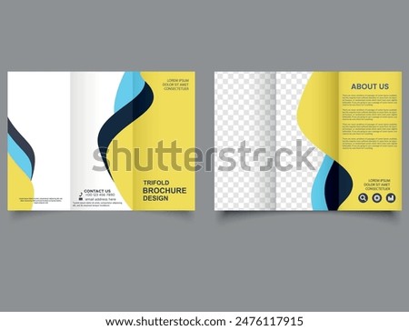 Wave. Modern Trifold blue yellow corporate identity cover business vector design background. Construction and renovation trifold brochure template or real estate brochure.