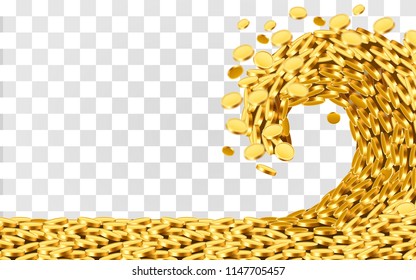 The wave of money. Huge tsunami wave of gold coins. Jackpot or success concept. Vector illustration