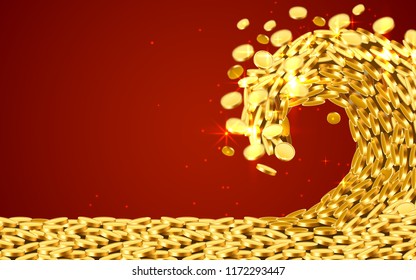 The wave of money. Huge tsunami wave of gold coins. Jackpot or success concept. Vector illustration