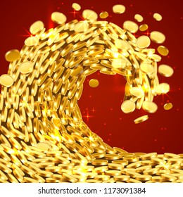 The wave of money. Huge tsunami wave of gold coins. Jackpot or success concept. Vector illustration