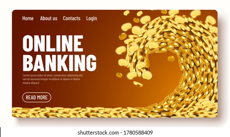 The wave of money. Huge tsunami wave of gold coins. Online banking landing page template or banner. Vector illustration