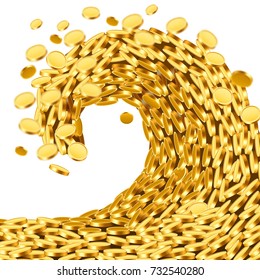 The wave of money. Huge tsunami wave of gold coins. Jackpot or success concept. Vector illustration