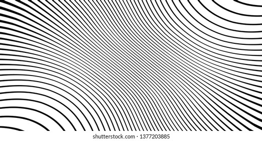 Wave monochrome background. Simple linear halftone  texture. Vector black & white background. Abstract dynamical rippled surface. Visual  3D effect. Illusion of movement. 