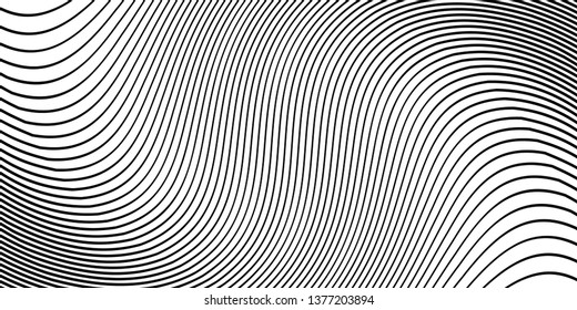 Wave monochrome background. Simple linear halftone  texture. Vector black & white background. Abstract dynamical rippled surface. Visual  3D effect. Illusion of movement. 