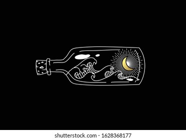 Wave and moon in the bottle.
Hand drawn, boho, luxury style. 
Black and white gold color. 
Spiritual guidance, tarot readers, tattoos, travelers