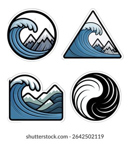 Wave and mountain designs in various shapes isolated on white background