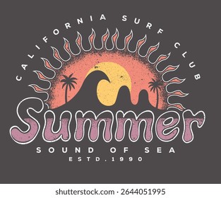 Onda com montanha. Arte do paraíso de Sunshine. Arte em onda abstrata. Verão boas vibes vetorial design gráfico para vestuário, adesivos, cartazes, fundo e outros.