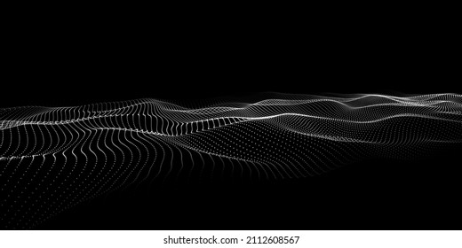 Ola de puntos en movimiento sobre un fondo oscuro abstracto. Ilustración vectorial 3D.