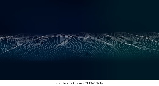 Wave of moving dots on an abstract dark background. 3D Vector illustration.