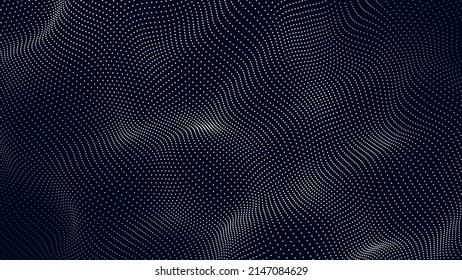 Wave of moving dots on an abstract dark background. 3D Vector illustration.