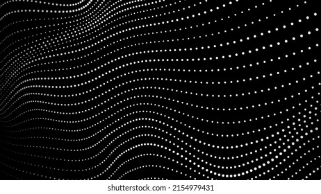 Wave of moving dots on an abstract dark background. 3D Vector illustration.