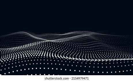 Welle bewegter Punkte auf abstraktem dunklem Hintergrund. 3D-Vektorgrafik.