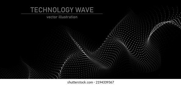 Wave of moving dots on an abstract dark background. 3D Vector illustration.