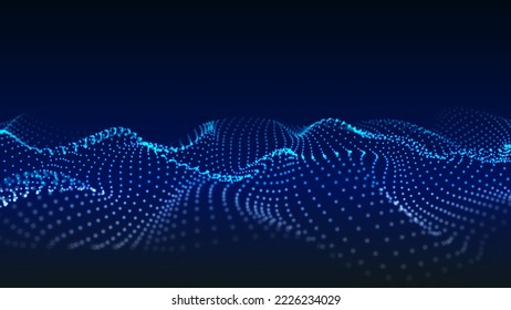 Wave of moving dots on an abstract dark background. 3D Vector illustration.