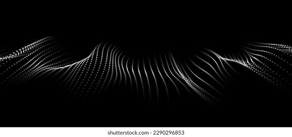 Wave of moving dots on an abstract dark background. 3D Vector illustration.