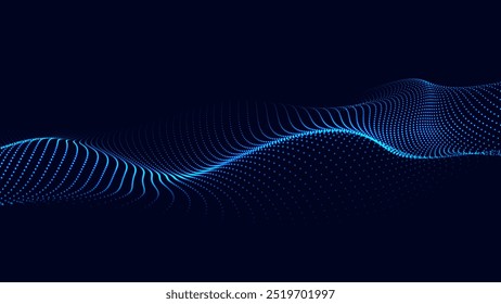 Wave of moving dots on an abstract dark background. 3D Vector illustration.