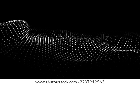 Wave of moving dots on an abstract dark background. 3D Vector illustration.
