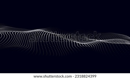 Wave of moving dots on an abstract dark background. 3D Vector illustration.
