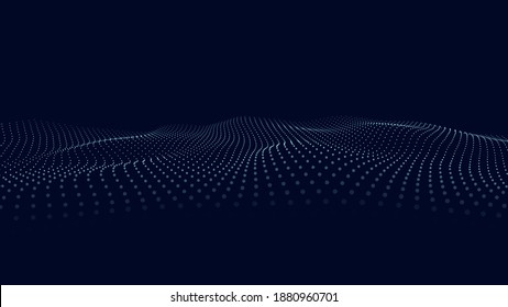 A wave of moving particles. Abstract 3d vector illustration on a dark background.