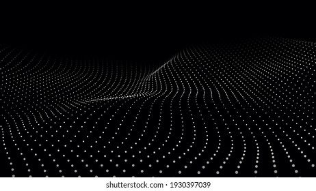 A wave of moving particles. Abstract 3d vector illustration on a dark background.