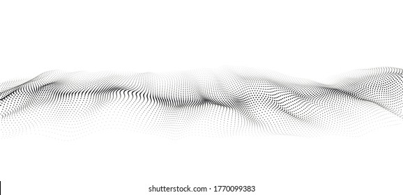 A wave of moving particles. Abstract vector 3d illustration on a white background.