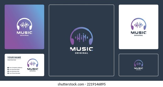 wave music logo design with gradient color and business card