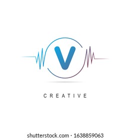 wave music logo design with letter v, vector illustration concept