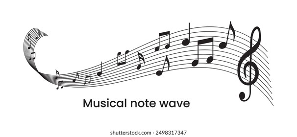 Wave of music melody notes with clef. Music notes wave icon. Musical notes stave line pattern symbols icon, vector. 