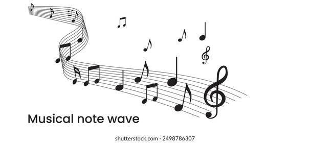  Wave of music melody notes with clef. Musical notes stave line pattern symbols icon, vector. Music notes background, Music notes wave icon.