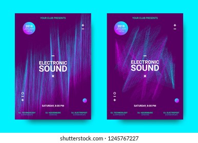 Wave Music Poster with Amplitude of Sound. Futuristic Flyer Concept for Electronic Event Promotion. Vector Equalizer with Distorted Rounds and Wave Dotted Lines. Movement of 3d Distorted Waves.