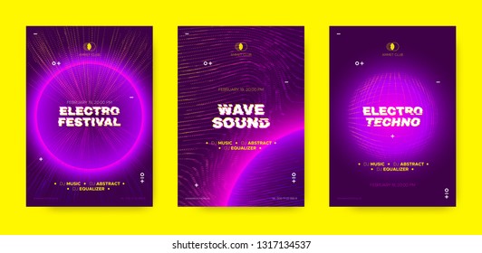 Wave Music Posters, Abstract Sound Flyers Set. Electronic Dj Event Invitation with Wave Dotted Lines and 3d Effect. Techno Music Festival, Night Club Party Poster. Vector Distorted Wave Music Covers.