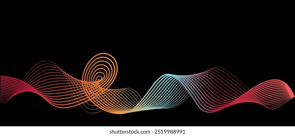 Wave neon colors, gradient, black background, copy space, vector