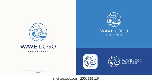 wave ocean logo design vector with minimal line style in circle frame design template.