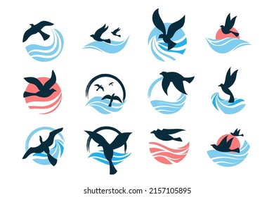 Wave Ocean Logo. Icon Set Sea And Ocean Water Elements With Birds Silhouettes, River Round Emblem Or Circle Badge, Marine Collection, Symbol Of Drop, Splash And Gull Vector Illustration