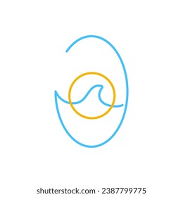 wave ocean with sunset holiday line style simple minimalist clean flat round circle logo design vector icon illustration