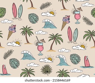 Wave, ocean, surfboard, palm trees, leaves, monstera, hand drawn illustration, vector.