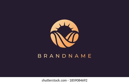 wave of ocean water and sun in the form of abstract circle in gold are suitable for logo and icon