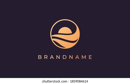 wave of ocean water and sun in the shape of abstract circle in gold are suitable for logo and icon