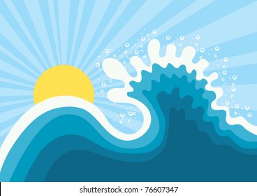 Wave in ocean.Water nature background with sun.