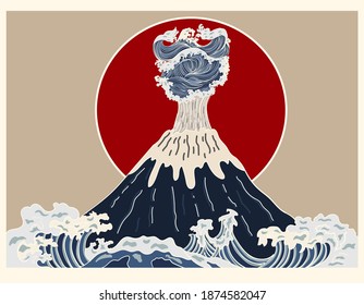 Wave on Fuji mountain with sunrise for painting.Beautiful line art of nature for printing on shirt.Asian art for doodle on background.Sunrise or sunset illustration on background.Traditional Japanese.