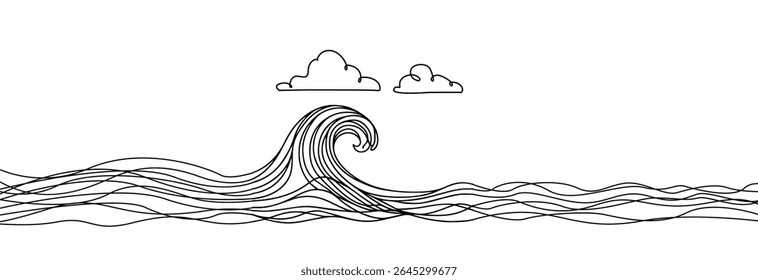 Desenho de uma linha ondulada. Desenho de linha contínua da onda oceânica 1 . Camada de onda de água . Ondas do mar padrão sem emenda .	