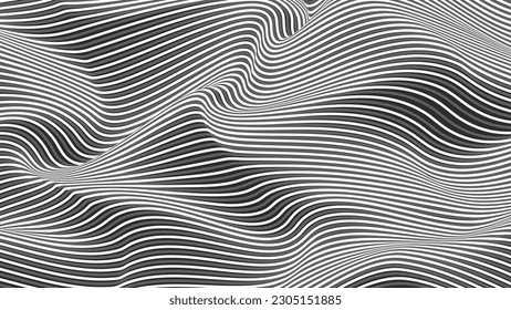 Ola de ilusión óptica. Resumen de ilustraciones en blanco y negro. Patrón de rayas horizontales o fondo con efecto de distorsión ondulada.