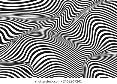 Wave of optical illusion. Abstract black and white illustrations. Horizontal lines stripes pattern or background with wavy distortion effect