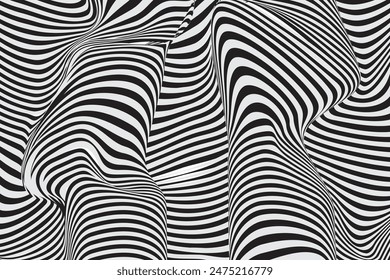 Wave of optical illusion. Abstract black and white illustrations. Horizontal lines stripes pattern or background with wavy distortion effect