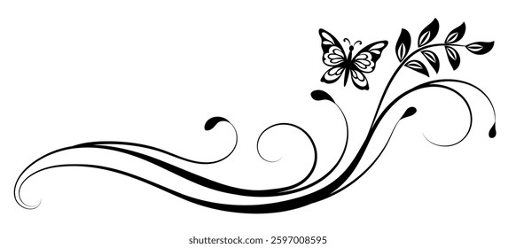 Wave ornament with leaves and butterfly. Text divider. Decorative element for decor and text greeting or invitation card design.