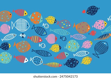Wave of ornamental fish. Cute vector sea poster.
interior poster.