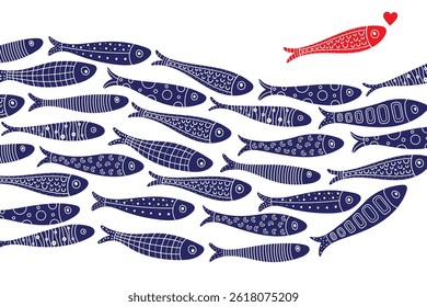 Wave of ornamental sardine. Cute vector sea 
interior poster. Blue school fish on white background. simple concept vector illustration.