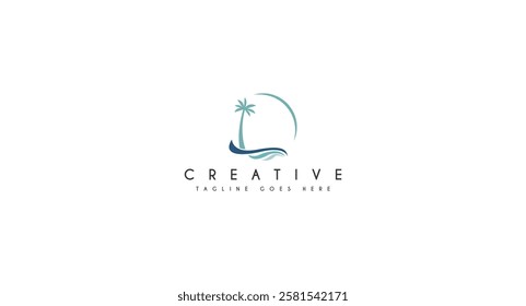 wave with palm tree, Beach, Holiday logo design