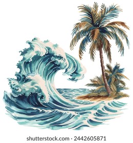 wave and palm tree painting watercolour vector illustration for background