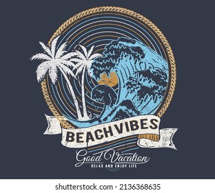 Wave with palm tree print design for t shirt, poster, sticker and others. Summer beach vibes vector artwork design.